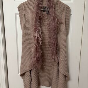 Wilfred Beige Knit Poncho with Feather Accents